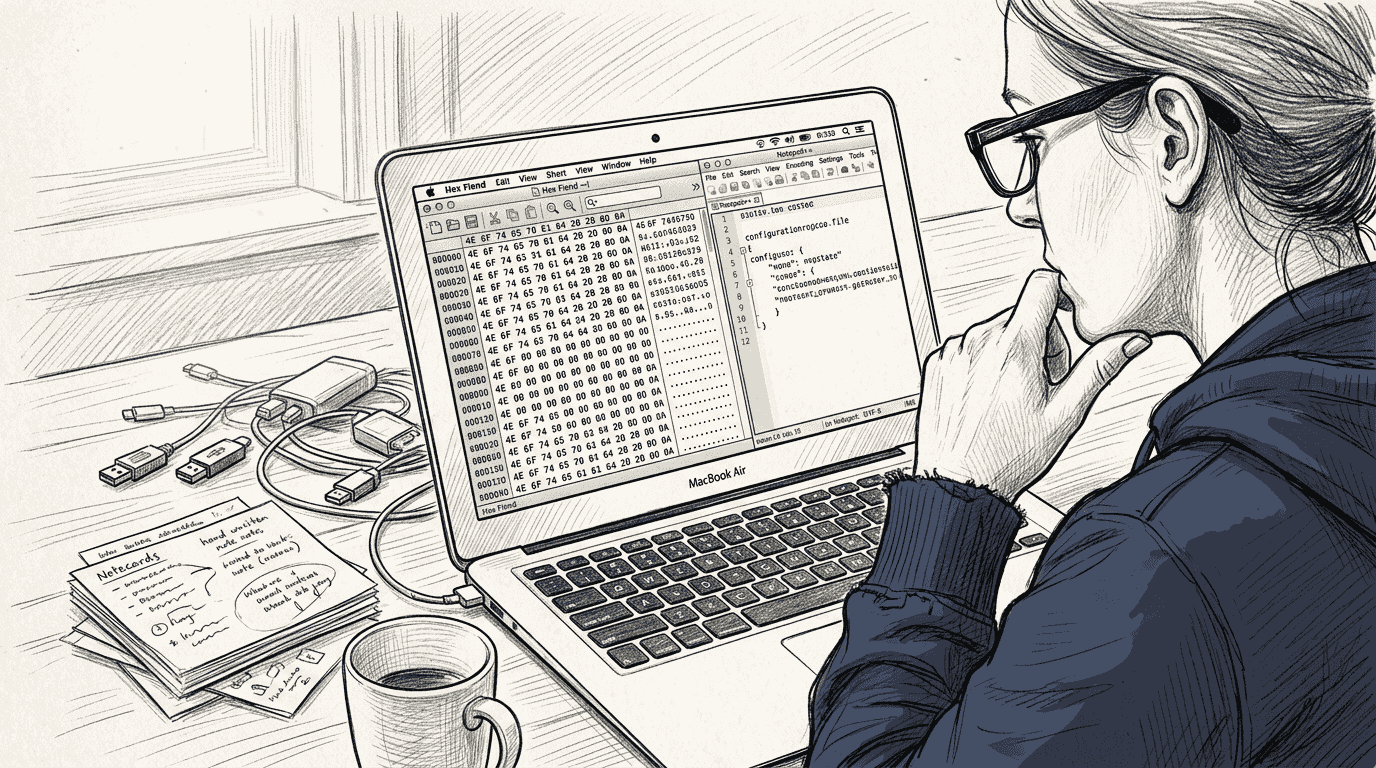 Frau überprüft die Dateisignatur mit einem Hex-Editor