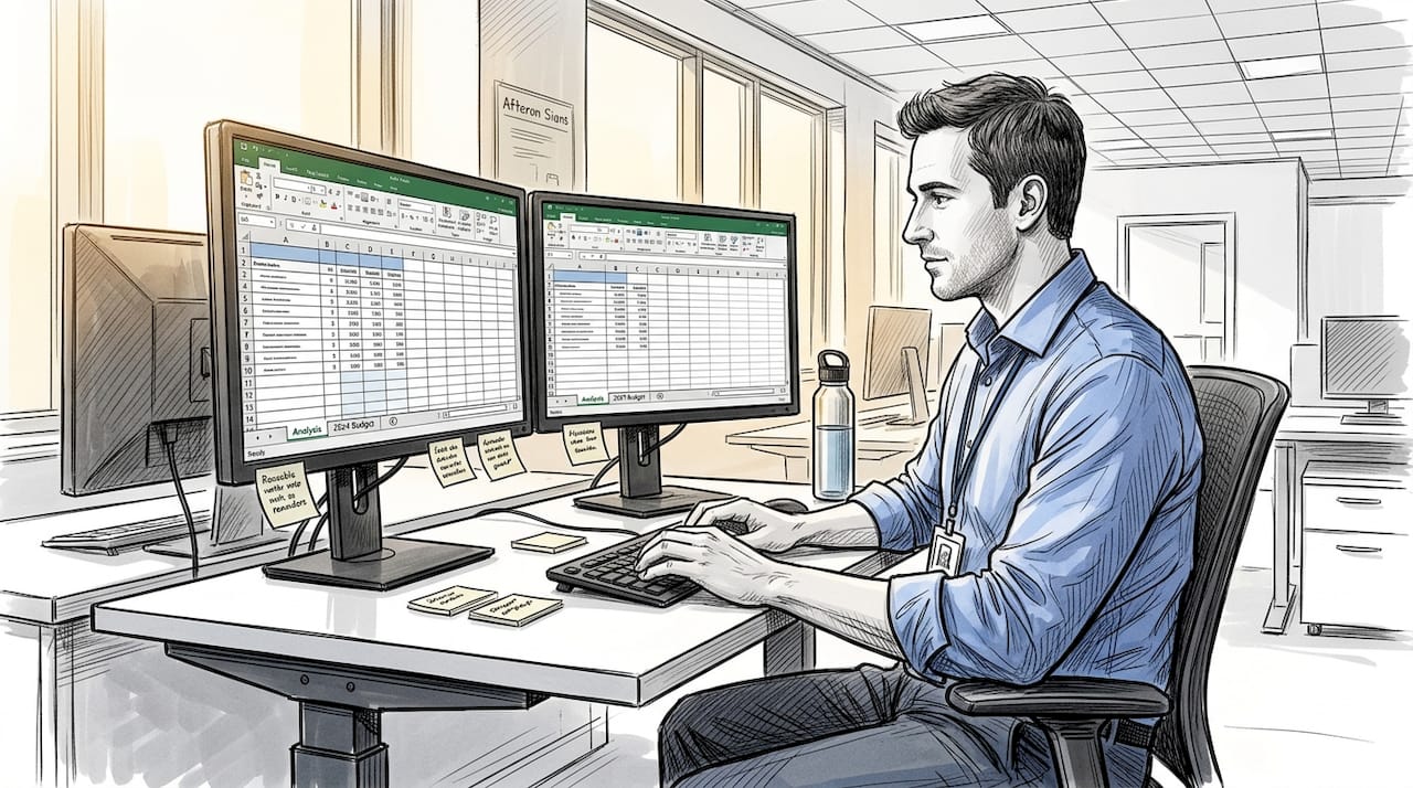 Mann arbeitet im Büro mit Excel-Tabelle