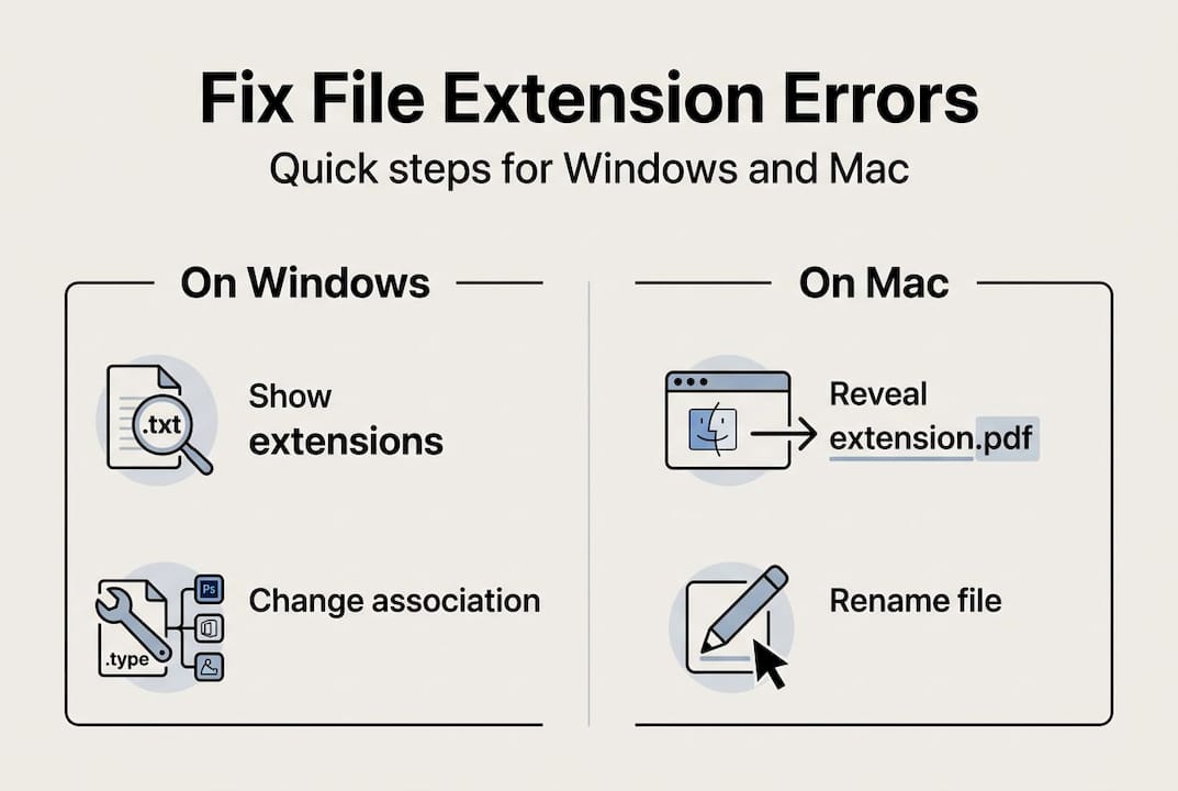 Infografik mit Fehlerbehebungen für Dateierweiterungen für Windows und Mac