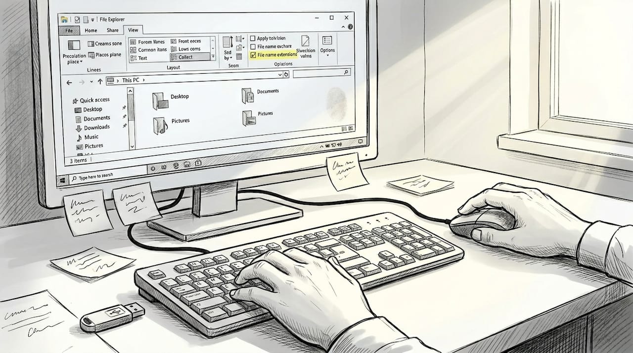 Hände aktivieren Dateierweiterungen auf dem Windows-Desktop