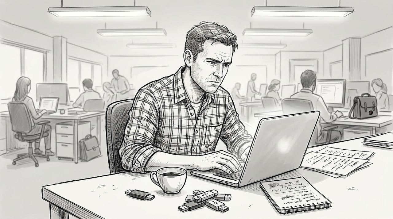 Mann beschäftigt sich im Büro mit Dateikompatibilität