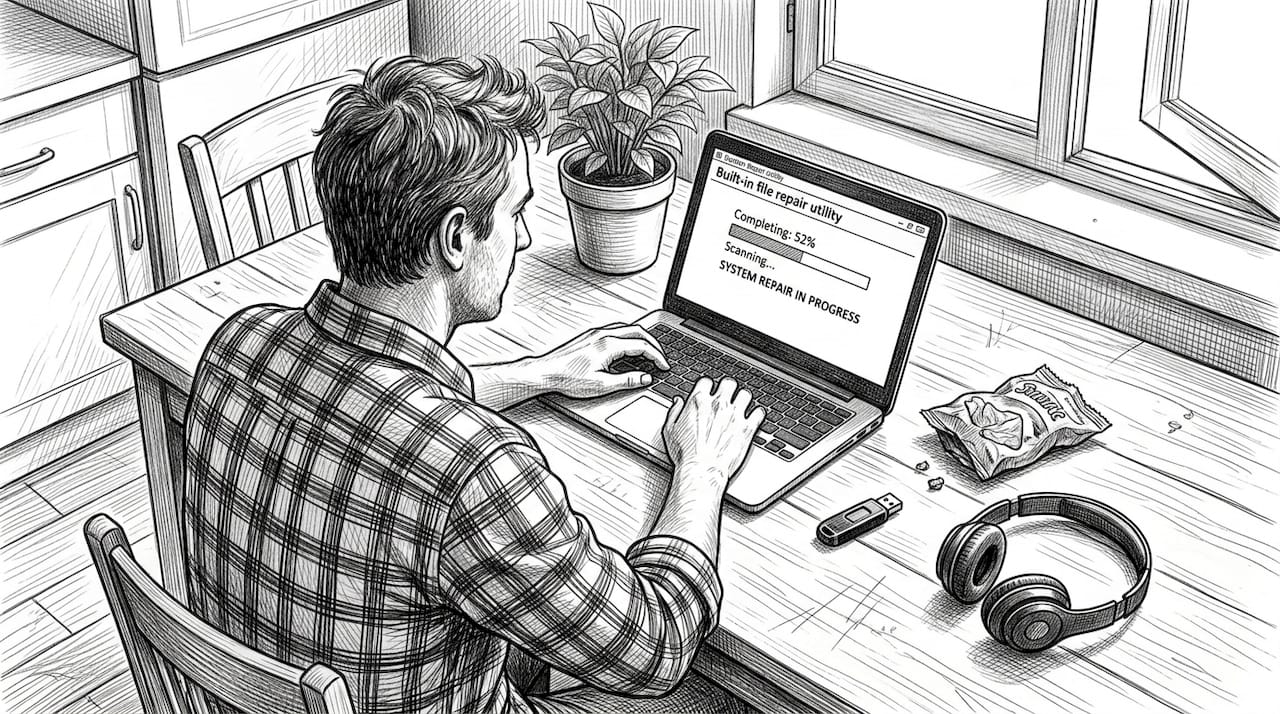 Mann führt Reparaturtool für Dateibeschädigung auf Laptop aus