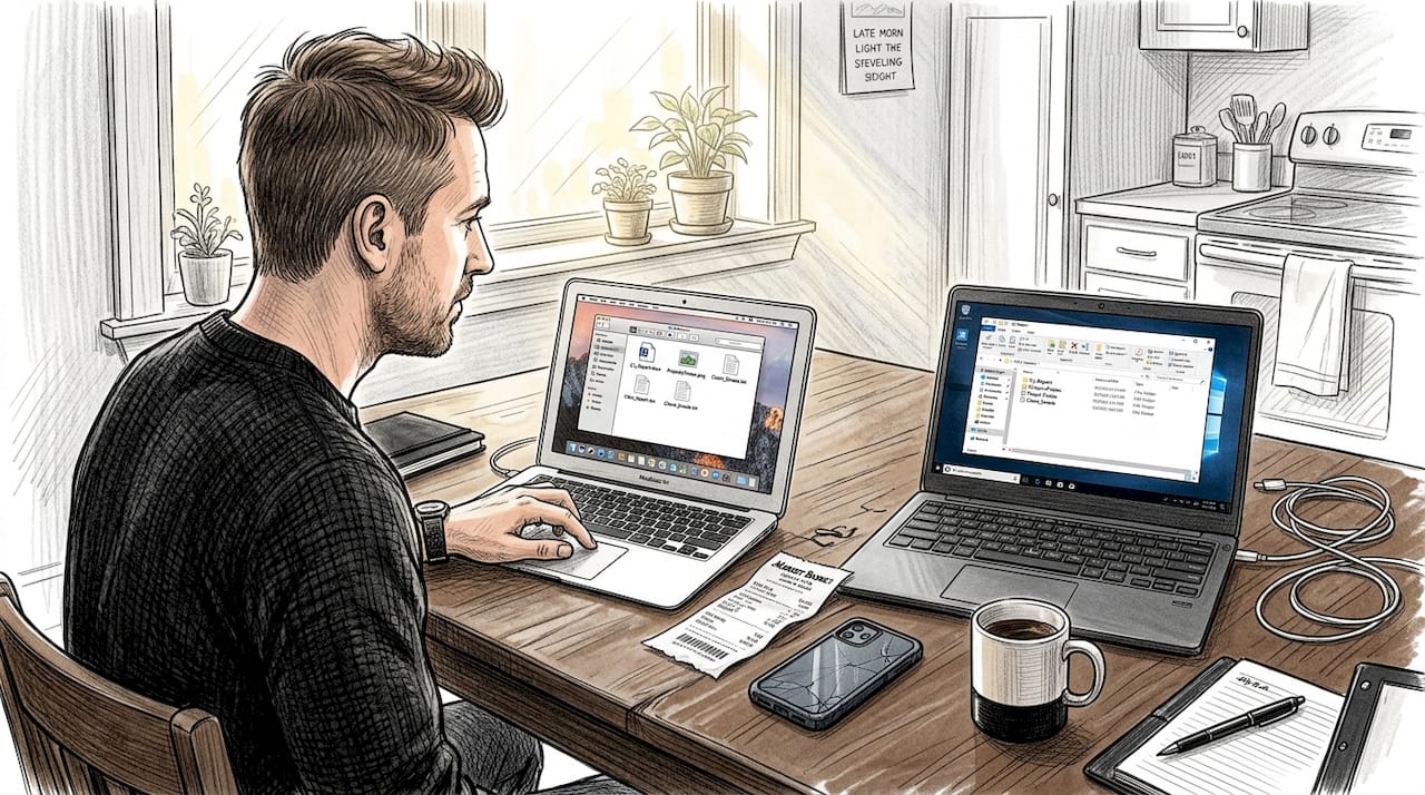 Man using Windows and Mac devices side by side