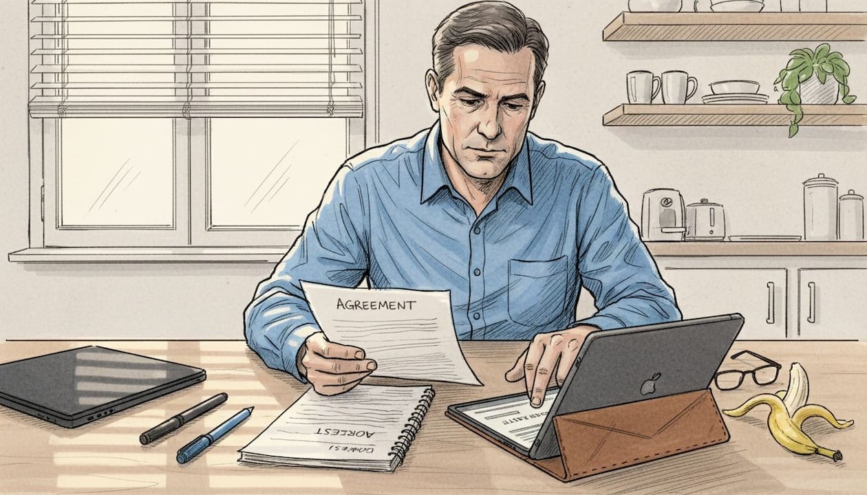 Man comparing printed and PDF contract at table