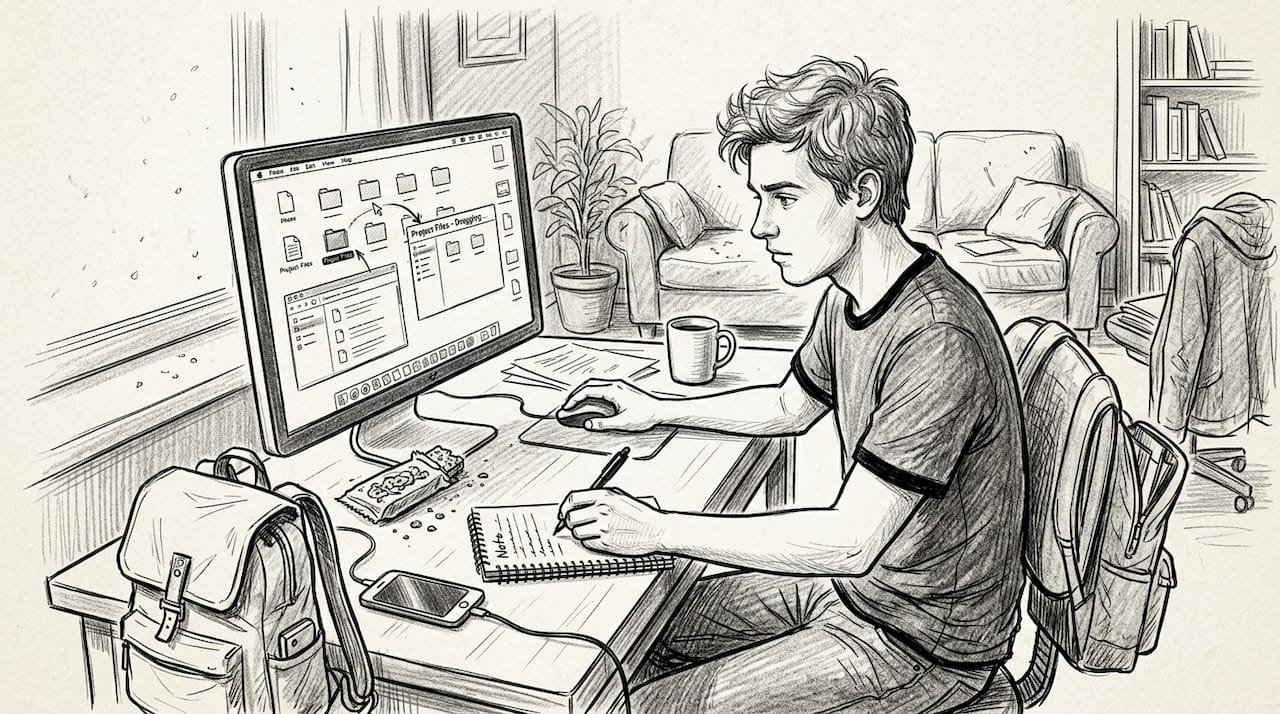 Man sorting folders on messy desktop
