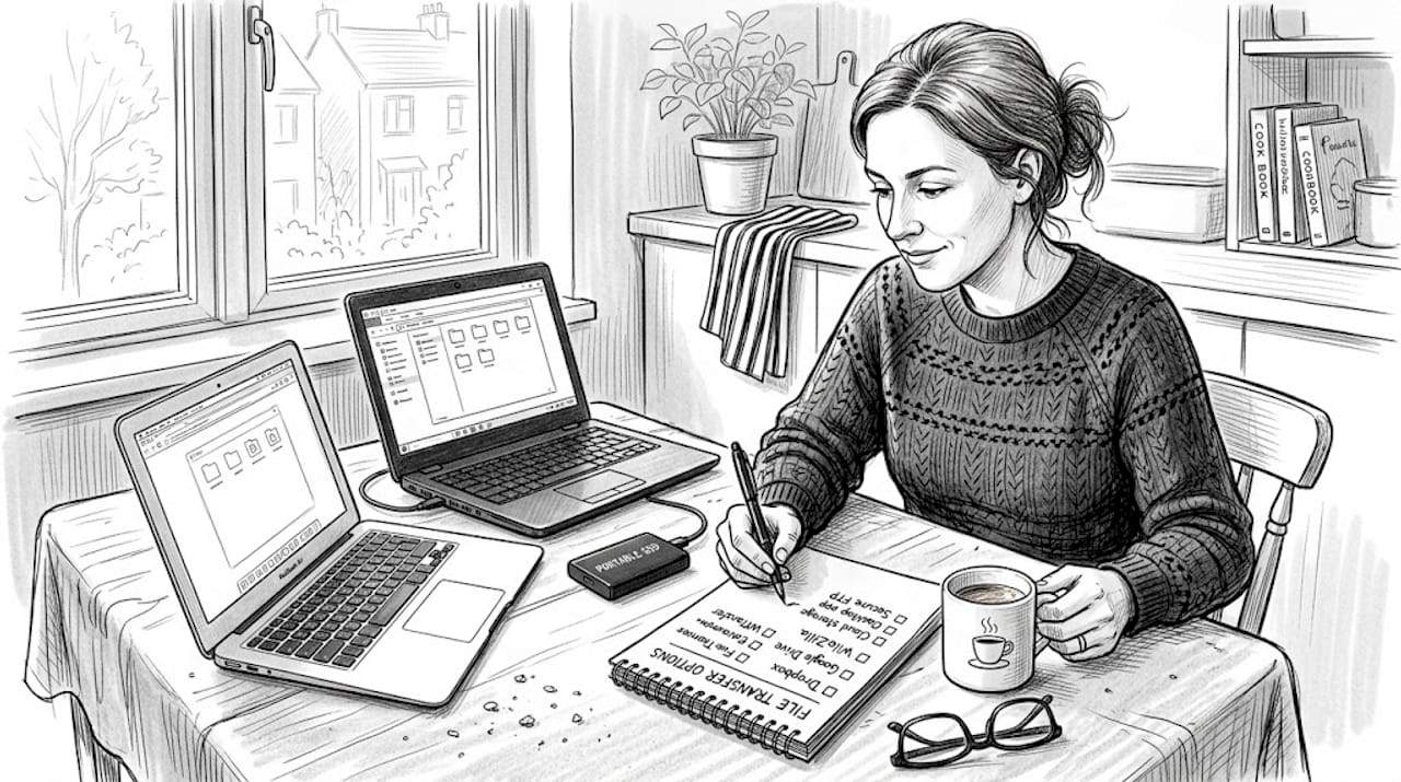 Woman comparing file transfer tools on laptops