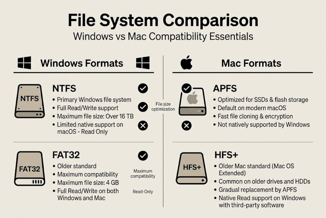 Infographic comparing Windows and Mac file systems